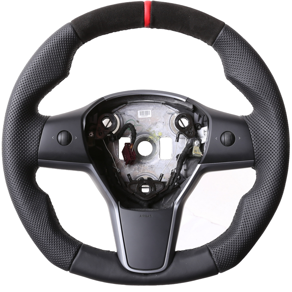 Tesla Lenkrad Model 3 Abgeflacht Kombibezug Alcantara 12 Uhr Markierung rot Naht schwarz